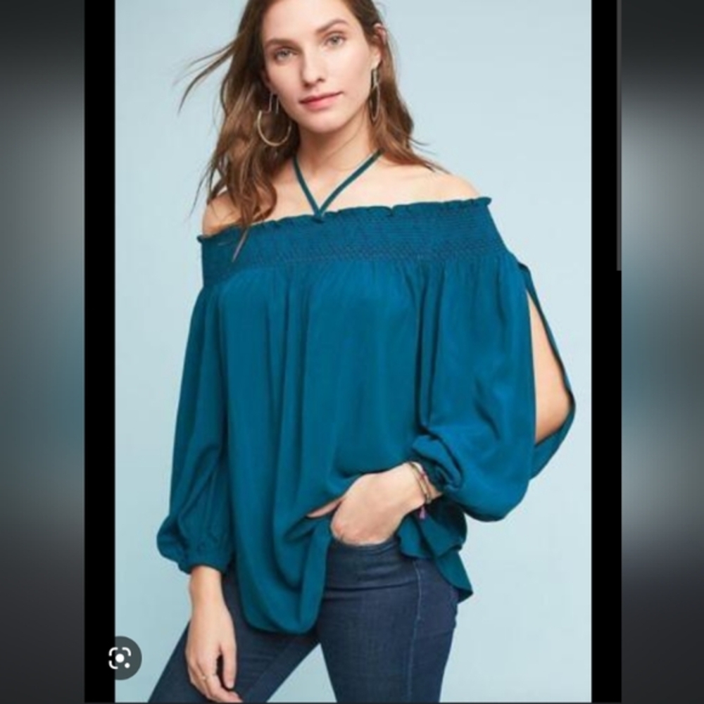 Holding Horses Anthropologie Top Womens Size L Green Off Shoulders open Sleeves